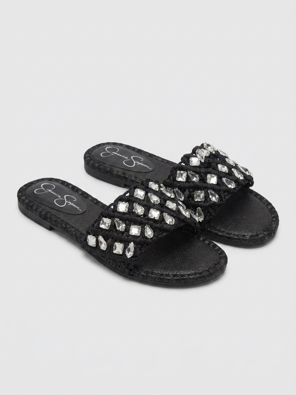 Jessica Simpson Black Jeweled Braided Slide‎ Sandals